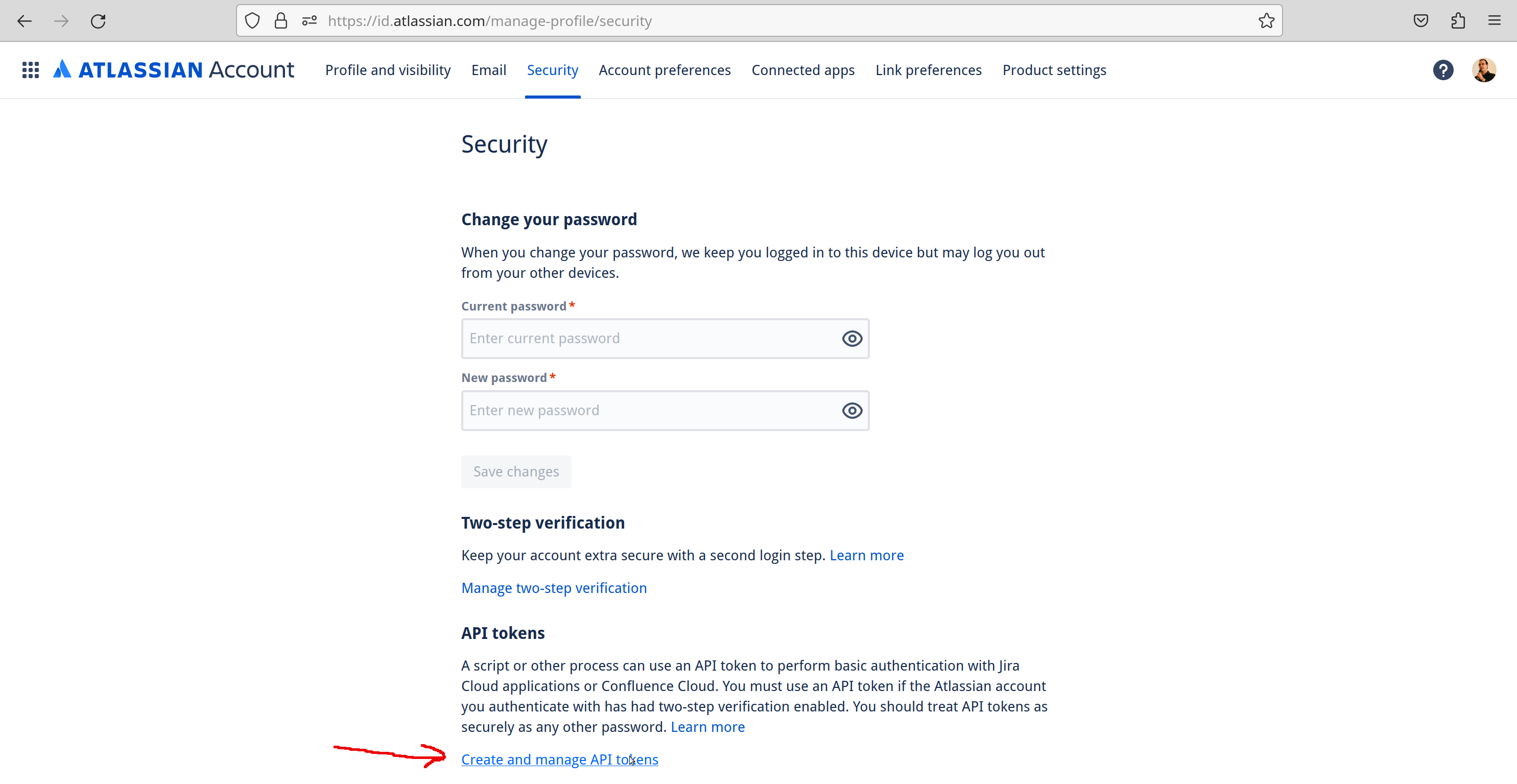 "Security tab of Account page in JIRA"