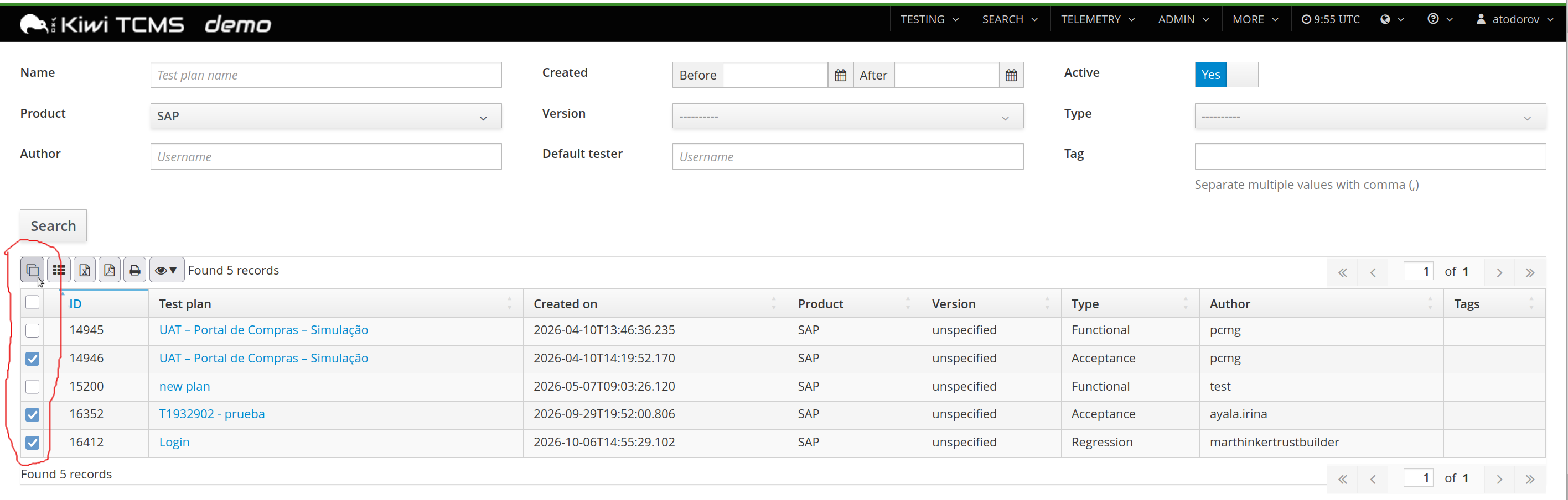"Checkbox column and clone button on Search Test Plans"