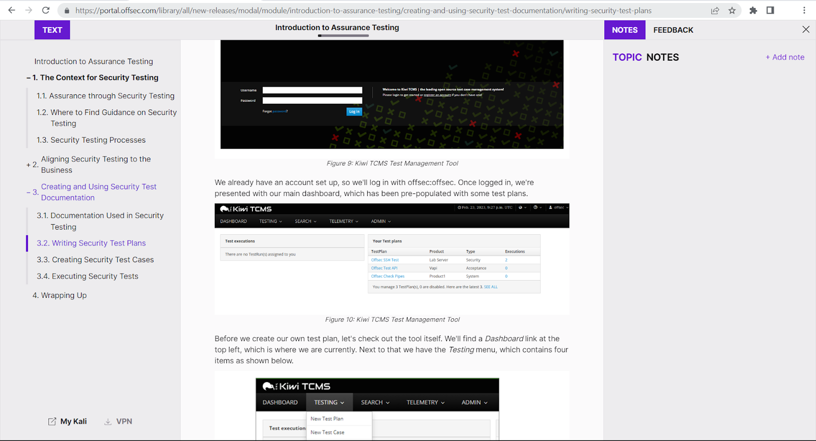 "Kiwi TCMS as shown in OffSec's training materials"